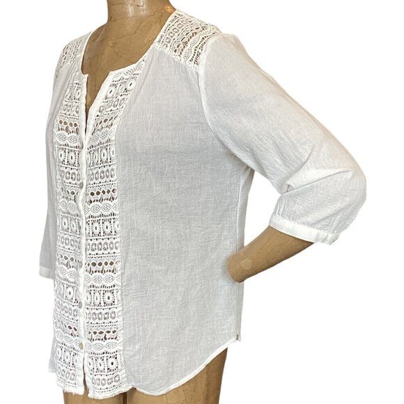 Chico's White 100% Cotton Crochet-Button-Up Peasant Top Sz 2 (L/12) #304F - Picture 4 of 8